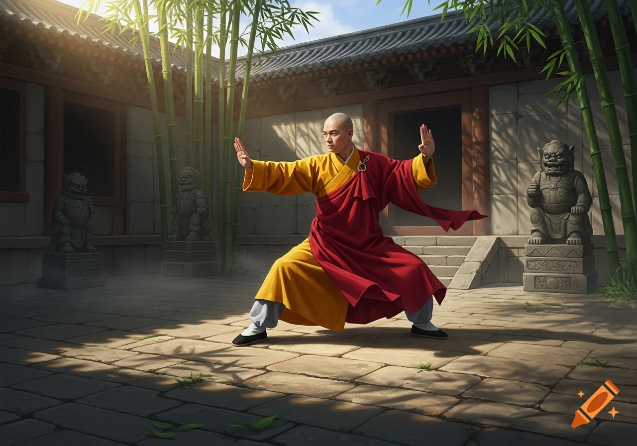 A bald kung fu monk in red and yellow robes poses in a martial arts stance in a traditional Chinese courtyard with bamboo and guardian statues.