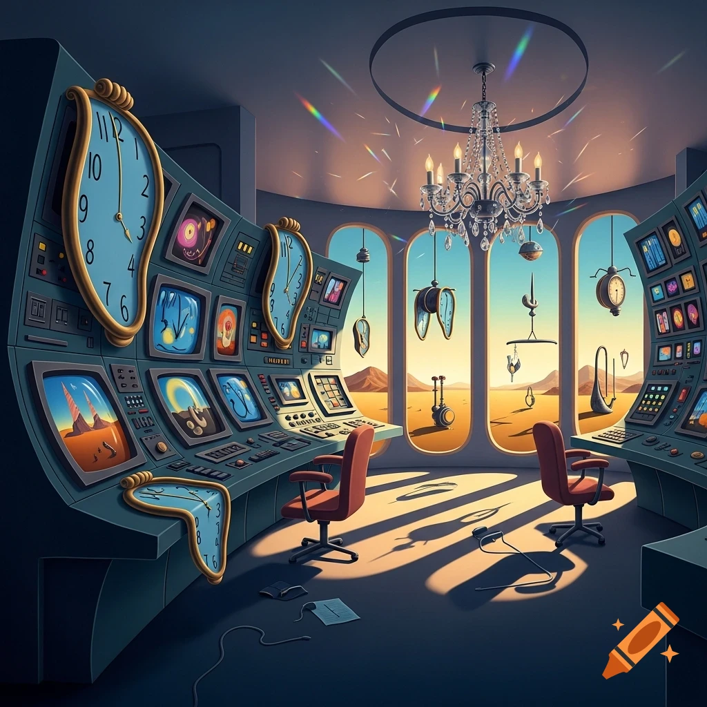 A surreal control room in the style of Salvador Dali, with melting clocks on control panels and monitors, overlooking a desert landscape.