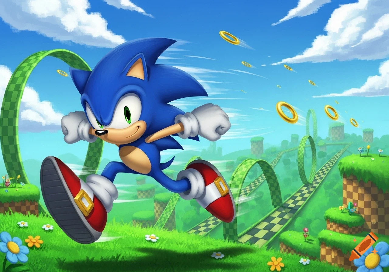 Sonic the Hedgehog runs through a vibrant green landscape with checkered loops and golden rings under a blue sky.