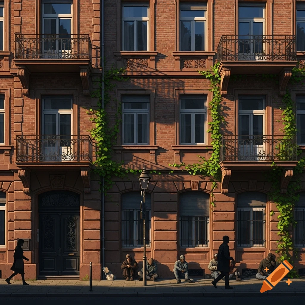 A photorealistic image of a detailed red brick building with balconies and ivy, featuring a street scene with several people sitting on the sidewalk.