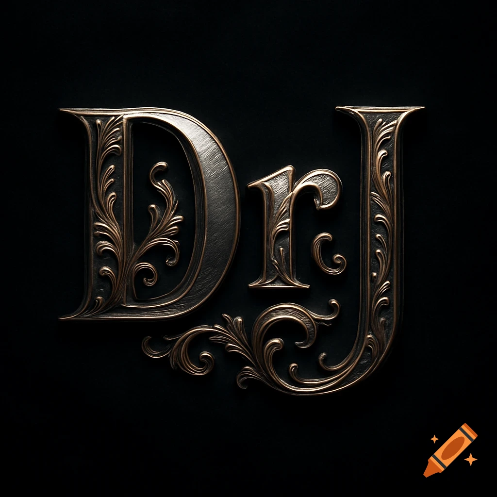 Ornate metallic monogram 'DrJ' with intricate flourishes on a dark background.
