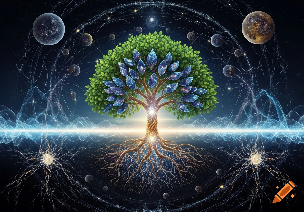 A vibrant Tree of Life with glowing roots, cosmic leaves, planets, and ...