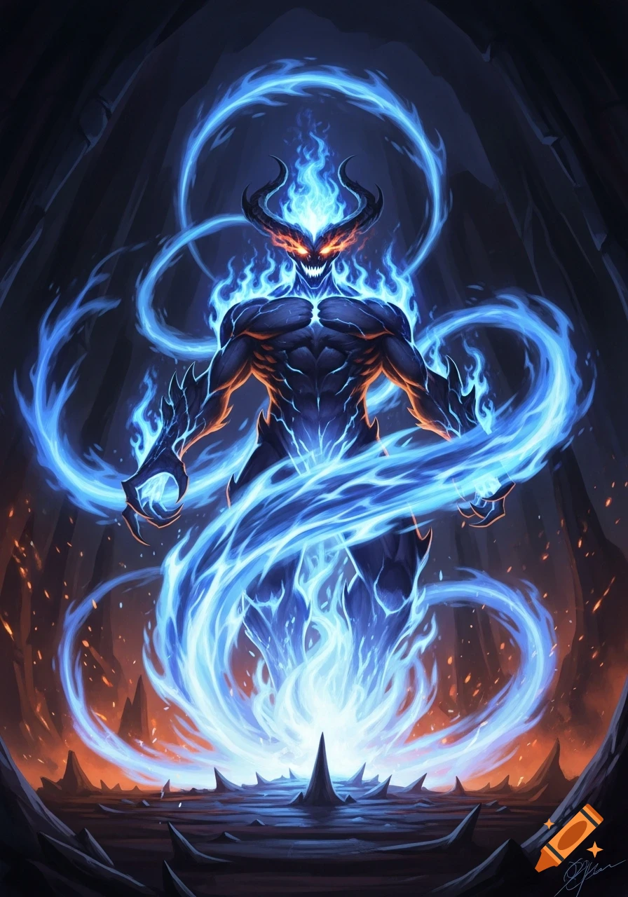 A powerful demonic figure made of blue flames, with horns and glowing red eyes, stands in a dark, fiery cavern.
