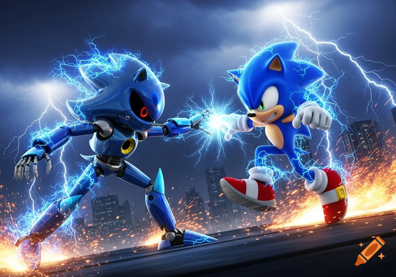 Sonic and Metal Sonic clash their fists, surrounded by blue lightning and orange sparks, against a stormy city background.