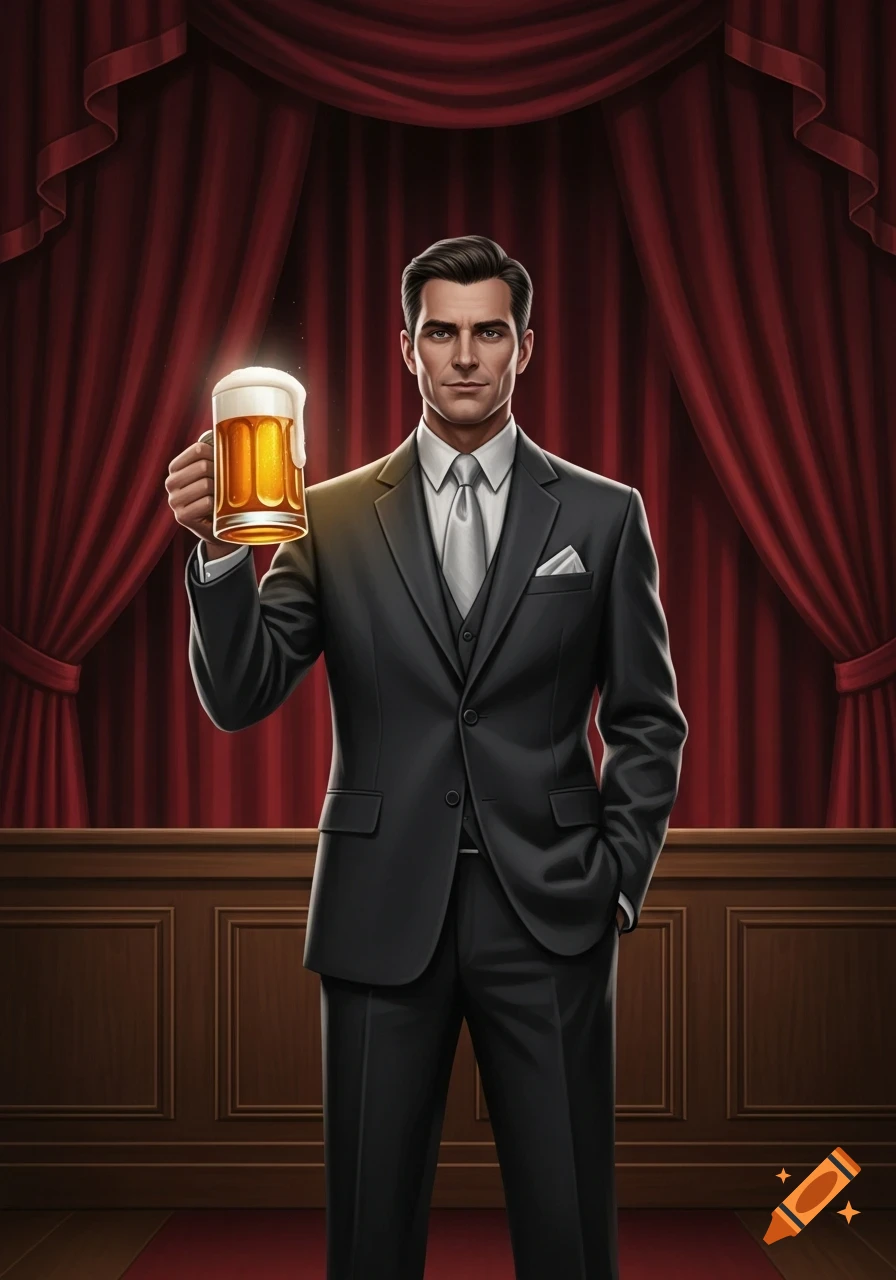 A man in a dark suit and white tie holds up a glowing mug of beer in front of red curtains and wooden paneling.