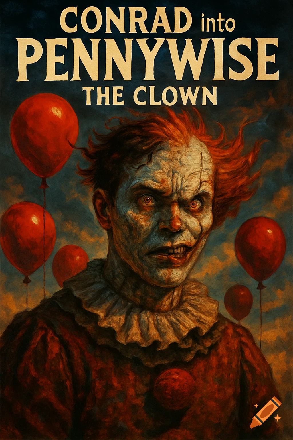 Horror poster of a grotesque Pennywise the Clown with red balloons and text 'CONRAD into PENNYWISE THE CLOWN'.