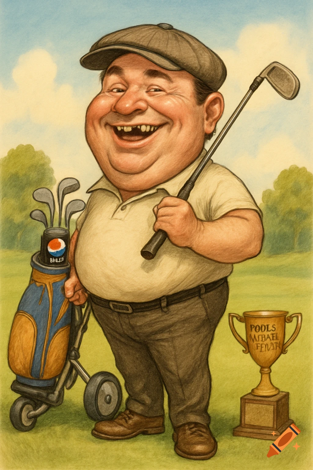 A cartoonish, portly male golfer wearing a cap and polo shirt, smiling widely with a missing tooth, holding a golf club and standing next to a golf cart with a drink and a golden trophy on the grass.