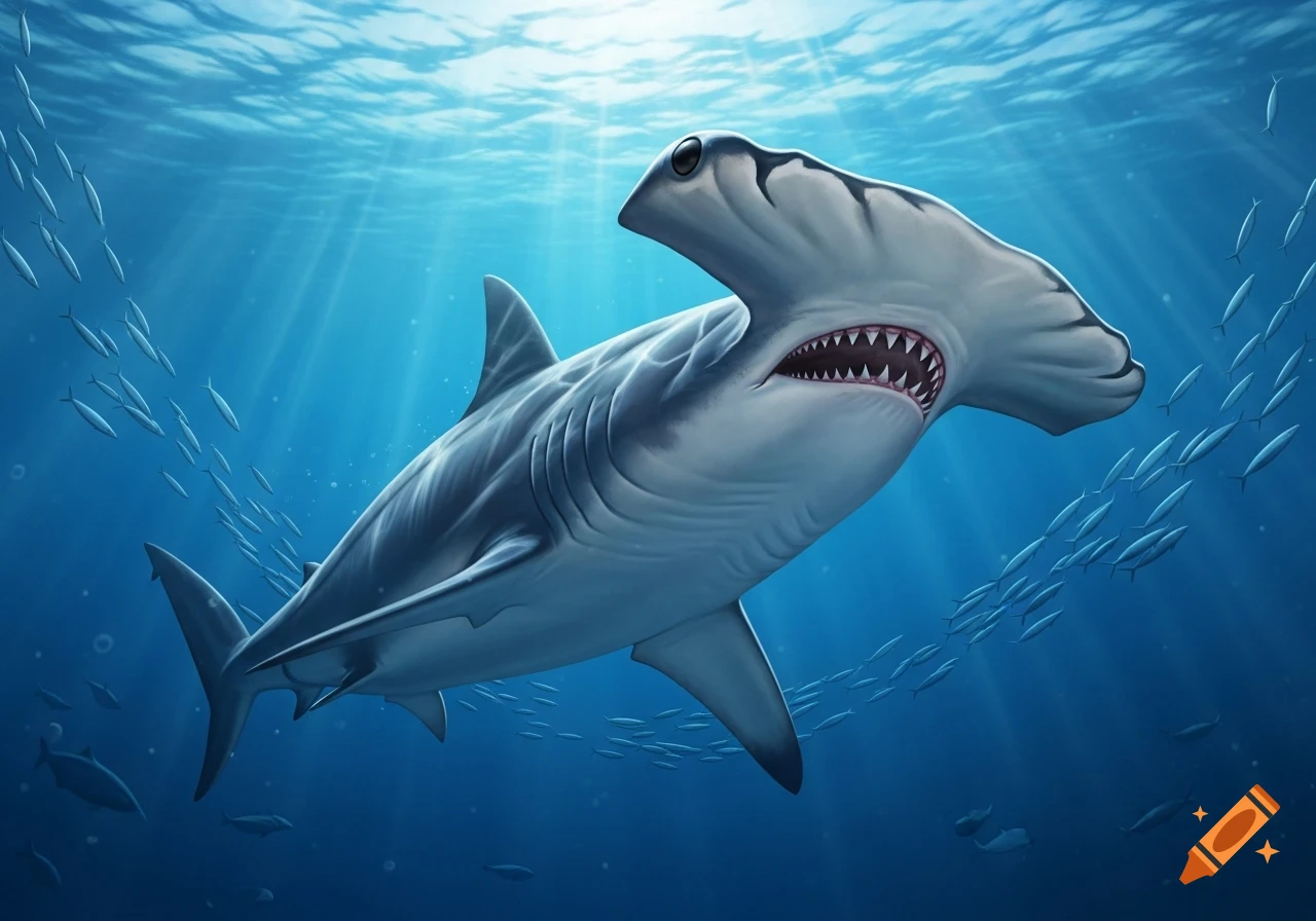 Detailed illustration of a hammerhead shark with pointed teeth swimming in sunlit blue ocean water with schools of small fish.