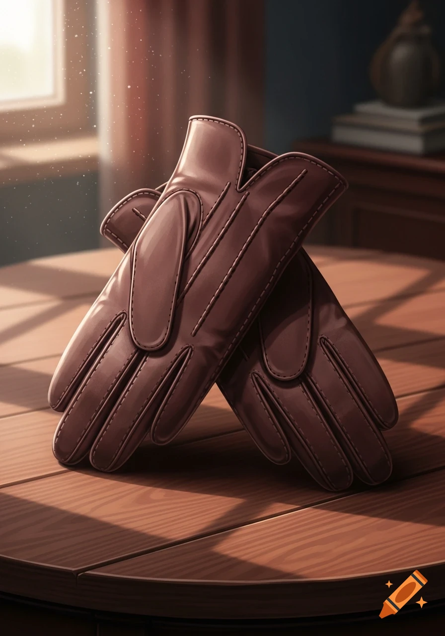 A pair of brown leather gloves rests on a wooden table, bathed in warm window light.