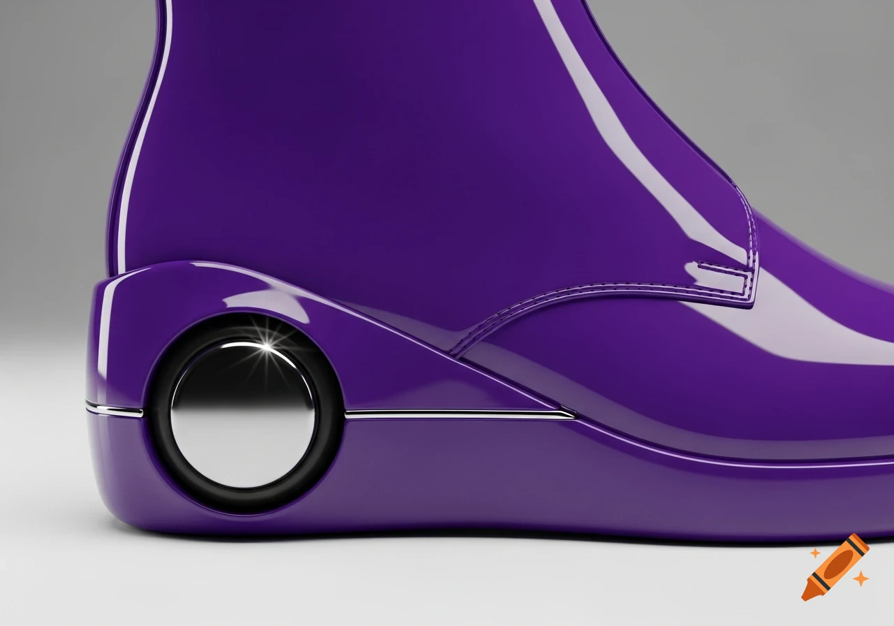 A close-up of a glossy purple shoe with a silver wheel integrated into its side, against a grey background.