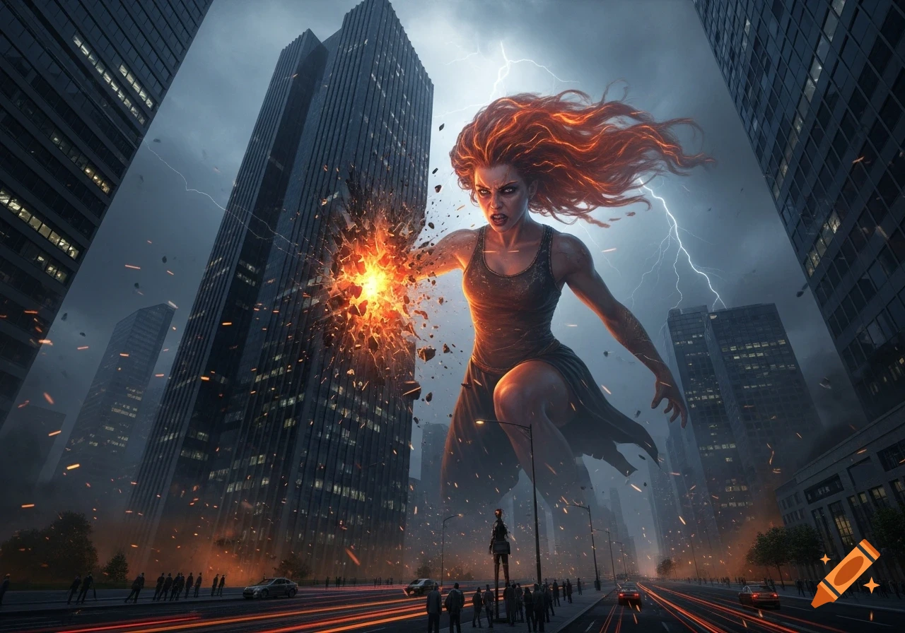 A giant, furious woman with flowing red hair destroys a skyscraper with fiery energy in a dark, stormy city, with lightning. Photorealistic.