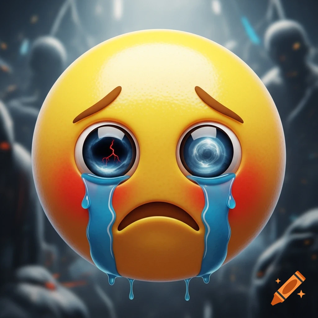 Hyper-realistic crying yellow emoji with electric blue eyes and tears, dark background.