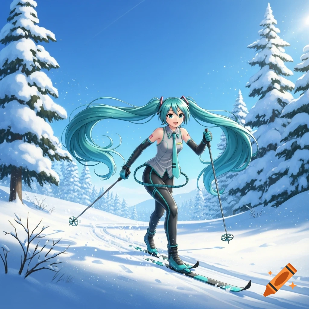 Hatsune Miku skiing down a snowy hill between pine trees under a clear blue sky, in an anime art style.