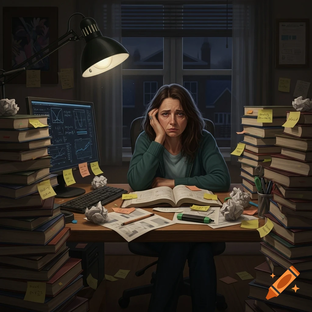 A stressed woman sits at a cluttered desk overflowing with books and papers, lit by a desk lamp, in a dark room.