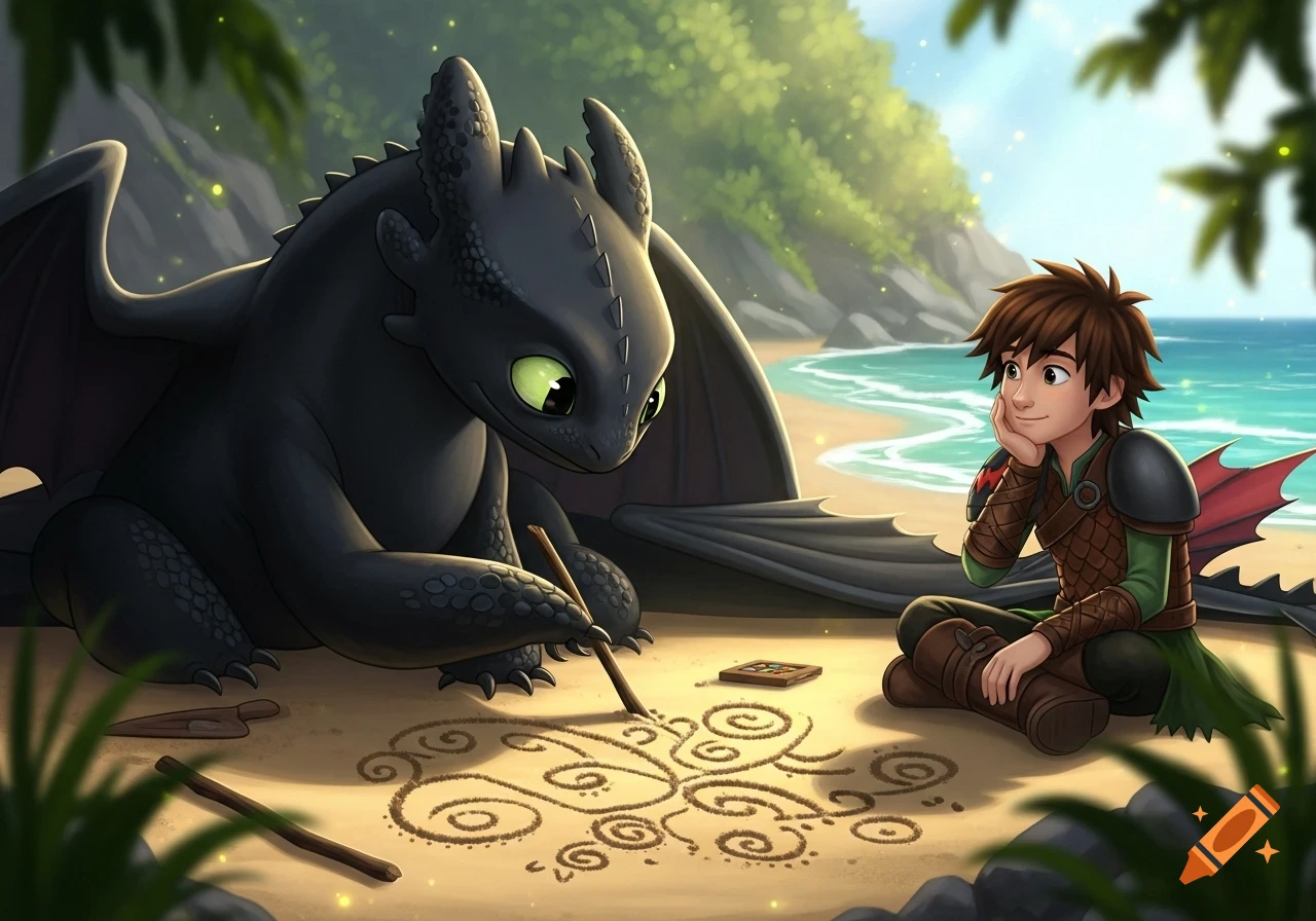 Toothless draws whimsical patterns in the sand with a stick as Hiccup ...