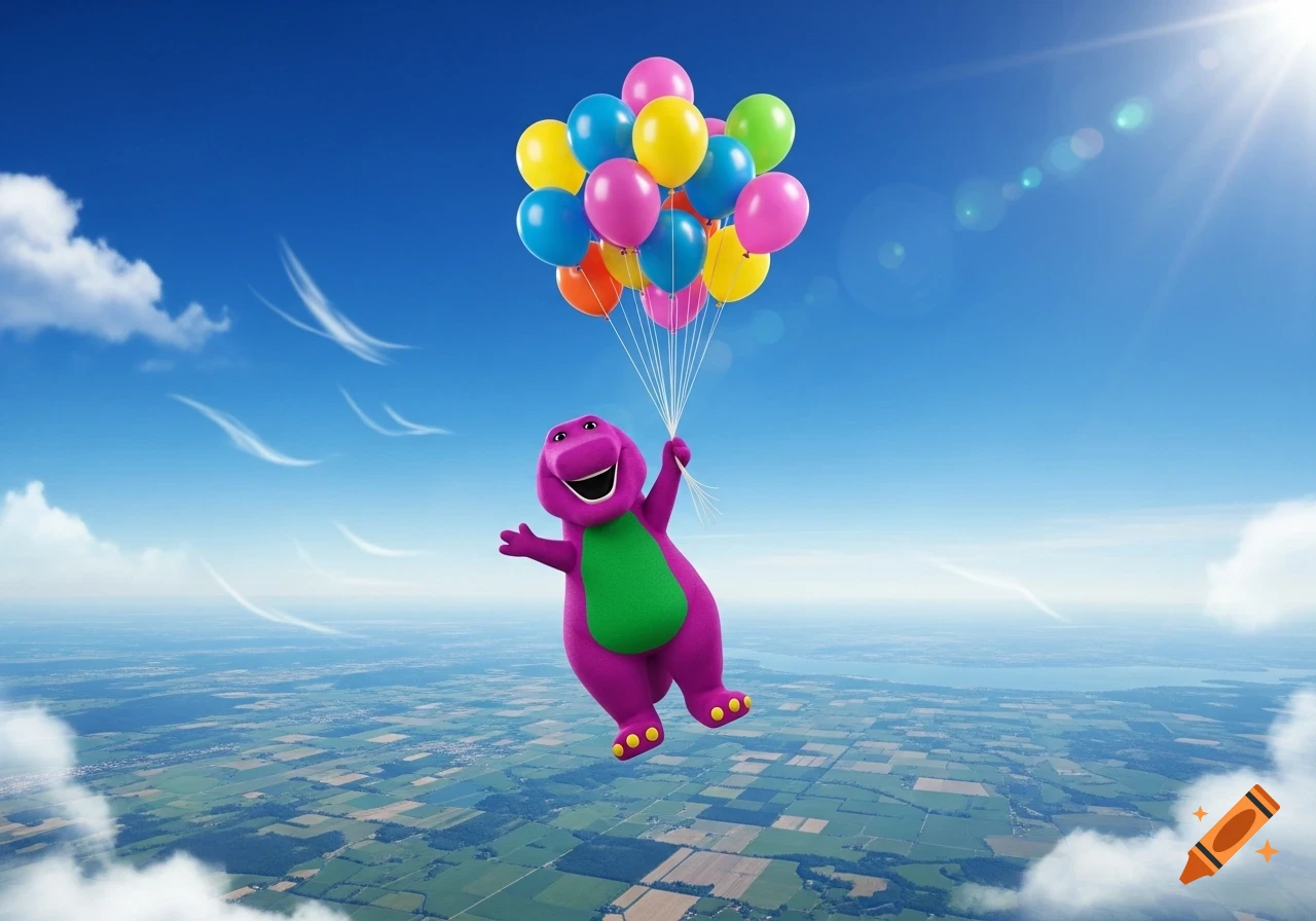 Barney the purple dinosaur floats high above a green patchwork landscape, holding a large bunch of colorful balloons in a bright blue sky.