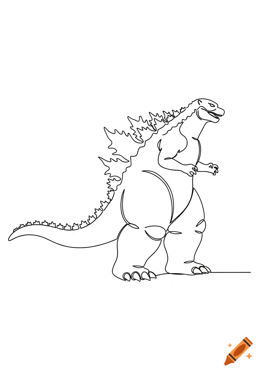 A minimalist continuous one-line drawing of Godzilla standing, rendered in monochrome.