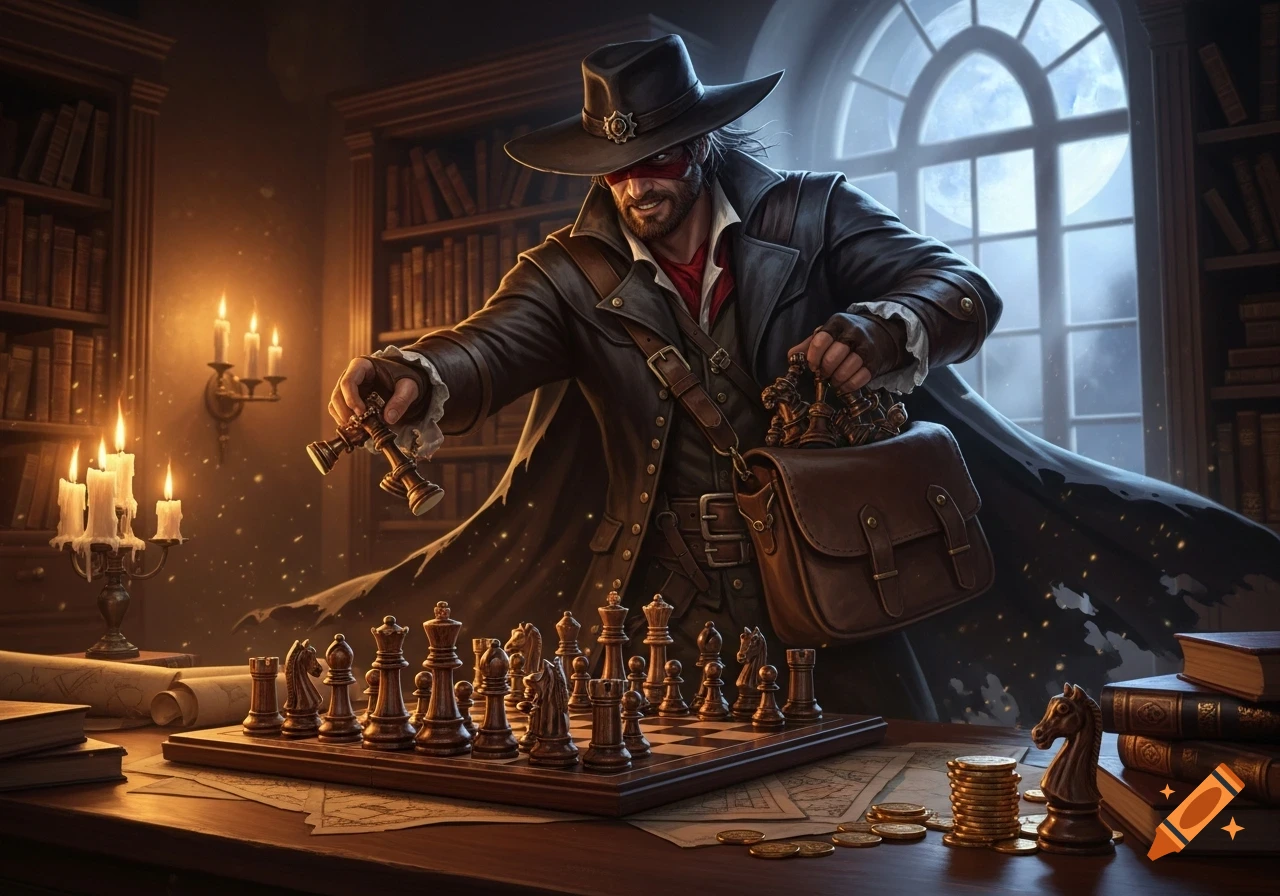 A masked bandit in a hat and cloak stands over a chessboard in a candlelit library, holding chess pieces.
