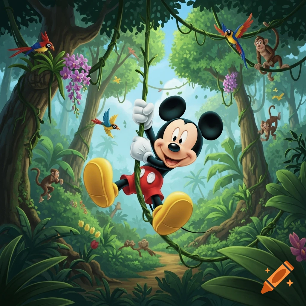 Mickey Mouse swings on a vine in a vibrant cartoon jungle with birds and monkeys.
