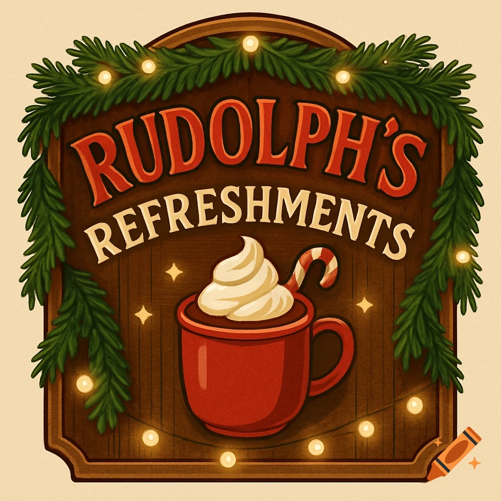 A rustic wooden Christmas market sign with pine garlands and warm fairy lights. It features a red hot chocolate mug with whipped cream and a candy cane, and the text "RUDOLPH'S REFRESHMENTS" in a festive, illustrated style.