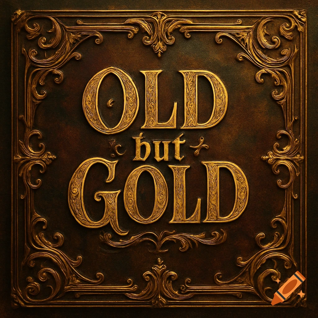 Ornate gold text 'OLD but GOLD' in a stylized font, centered on a dark brown textured background with an intricate gold border.