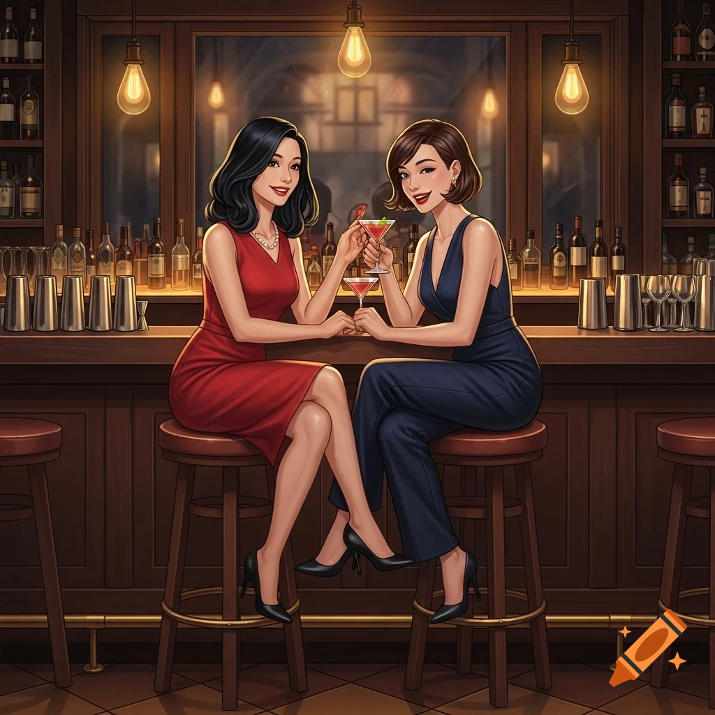 Two smiling women in a stylized illustration sit on stools at a warmly lit bar, clinking cocktail glasses.