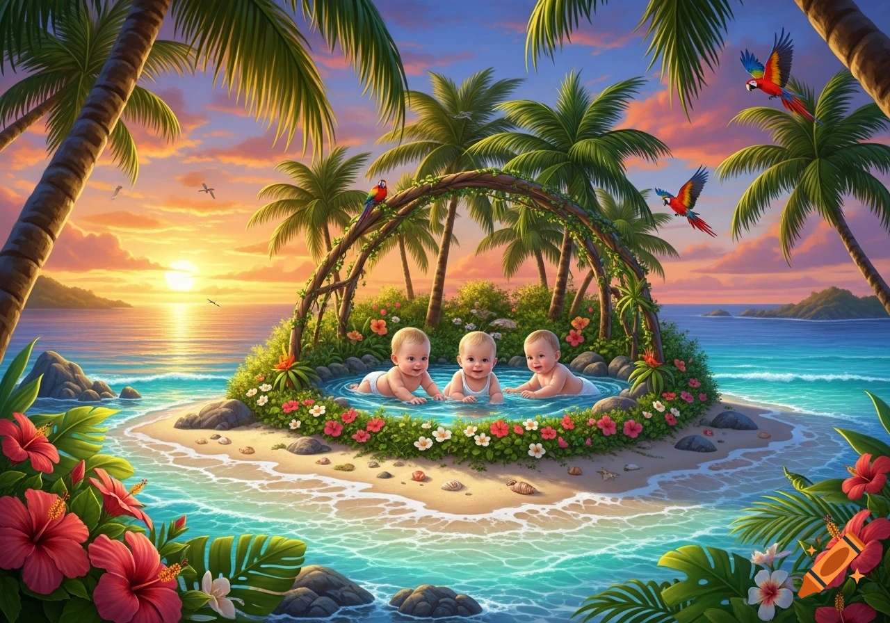 Three babies play in a small pool on a vibrant tropical island with palm trees, flowers, and parrots at sunset.