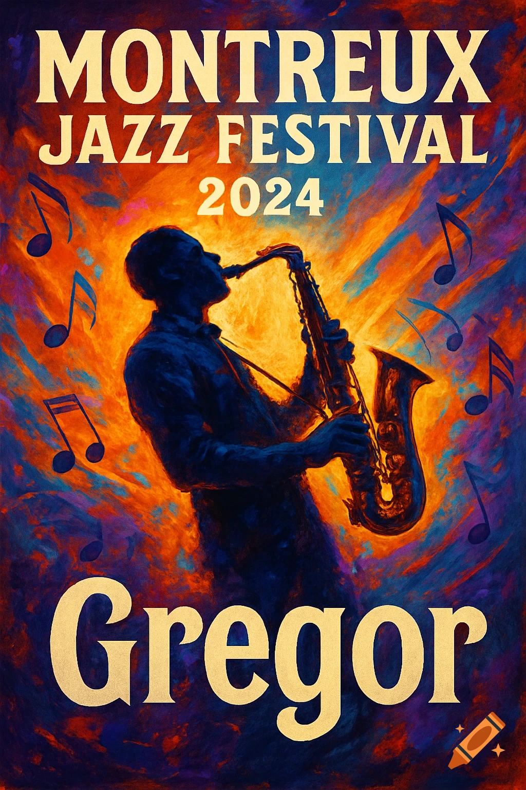 A stylized, colorful poster features the silhouette of a man playing a saxophone, with text "MONTREUX JAZZ FESTIVAL 2024 Gregor".