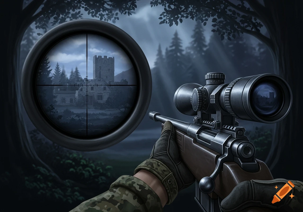 First-person view of a sniper rifle aiming at a distant castle through the scope, in a dark, atmospheric forest.