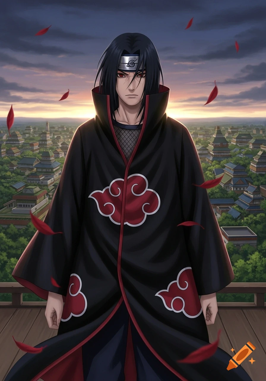 Anime illustration of Itachi Uchiha in Akatsuki robe overlooking a village at sunset.