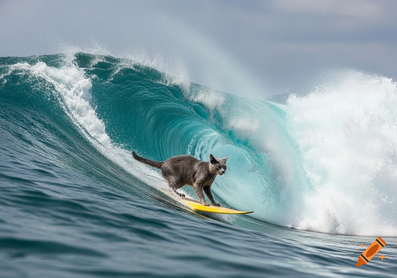 A photorealistic image of a grey cat on a yellow surfboard, expertly riding a large blue ocean wave.