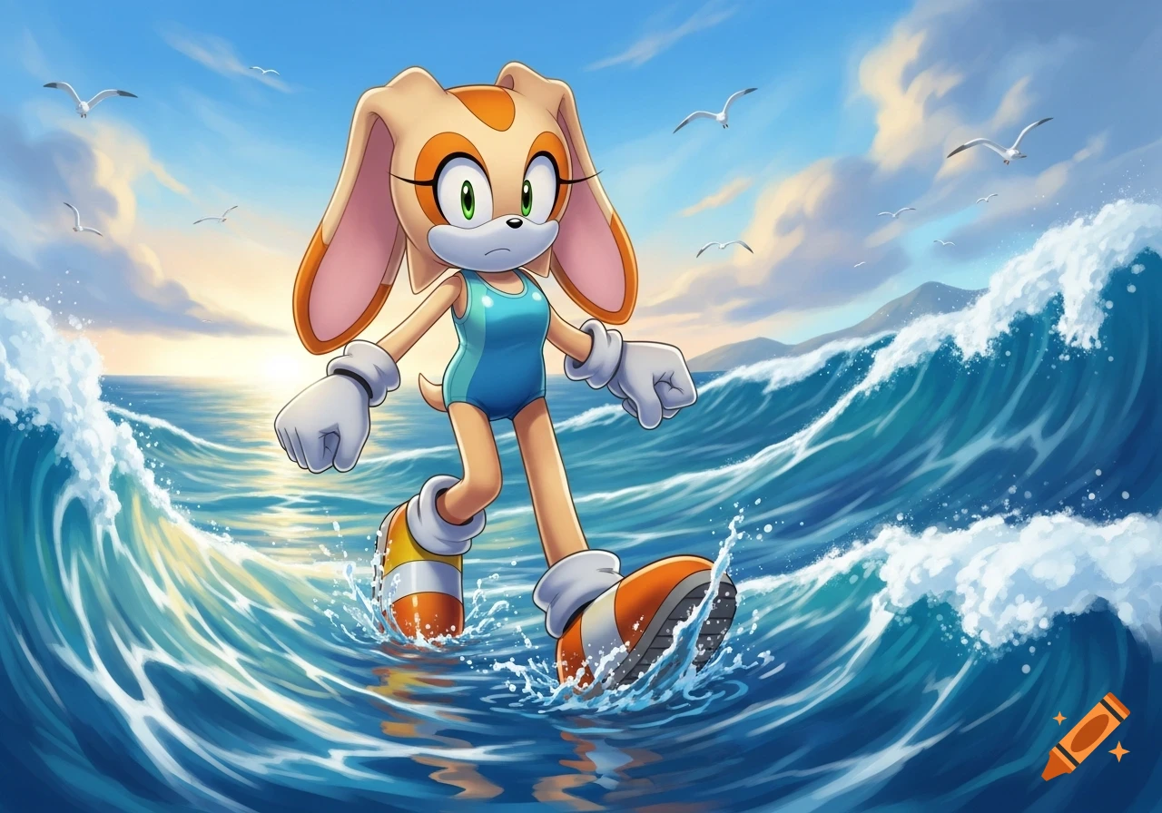 Cream the Rabbit from Sonic wading through deep blue ocean waves, with a serious expression and seagulls flying above.