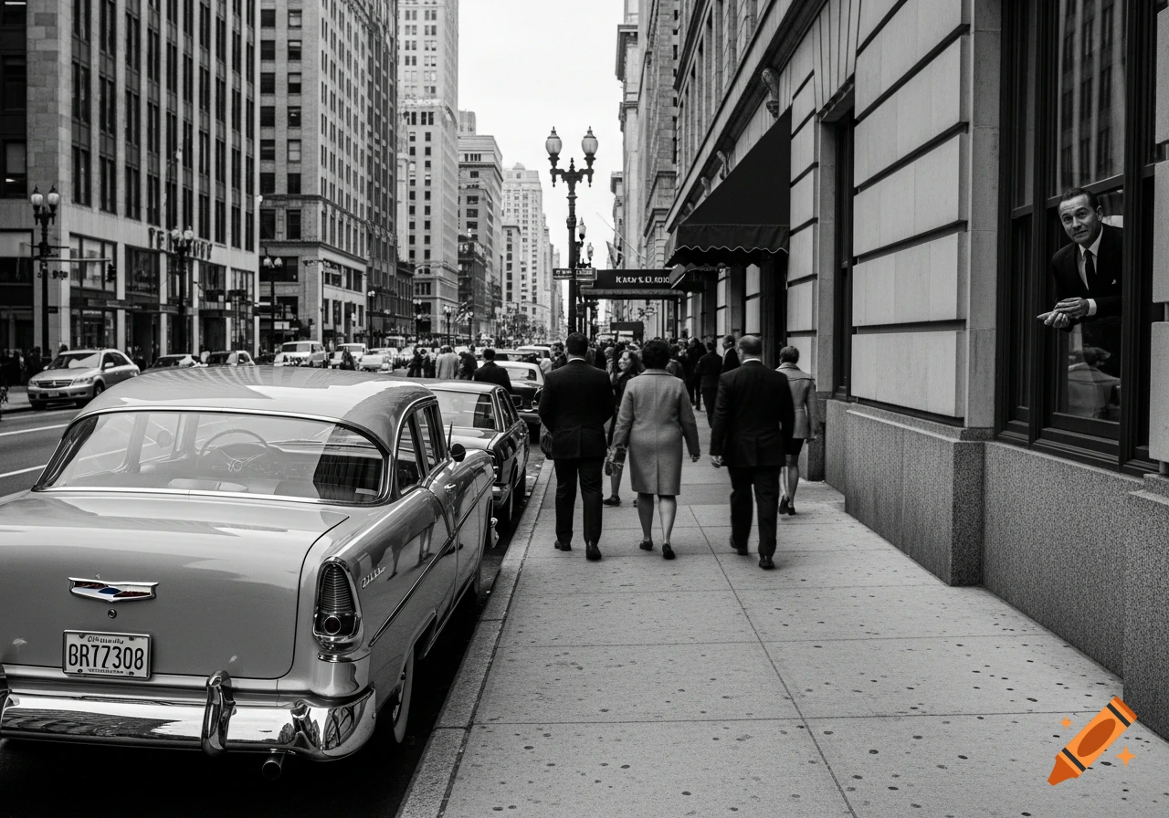 A black and white photograph of a 1955 Chevy parked on a city street, with people walking on the sidewalk and a man looking out a window.