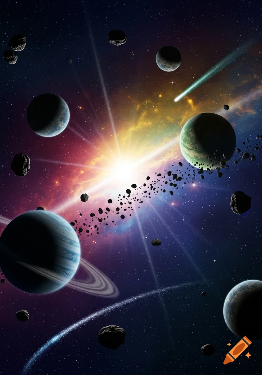 A vibrant cosmic scene with multiple planets, asteroids, a bright star, and a comet streaking through a colorful nebula.