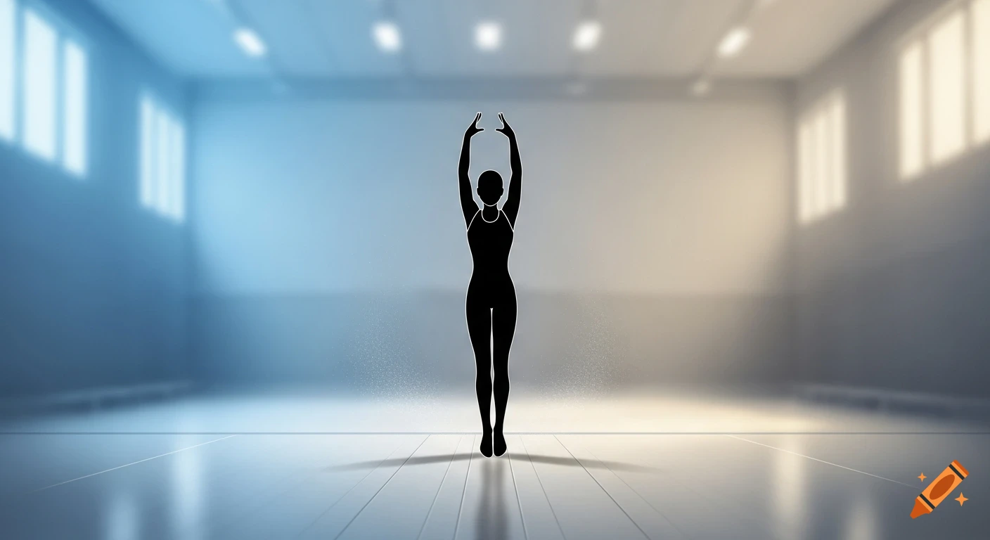 A minimalist silhouette of a person with arms raised overhead in a gymnastics pose within a spacious, brightly lit room.
