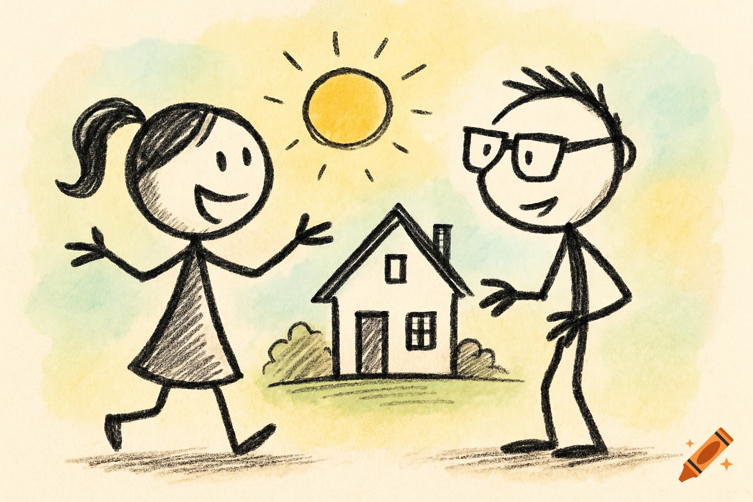Crayon and watercolor drawing of two happy stick figures looking excitedly at a house under a sunny sky.
