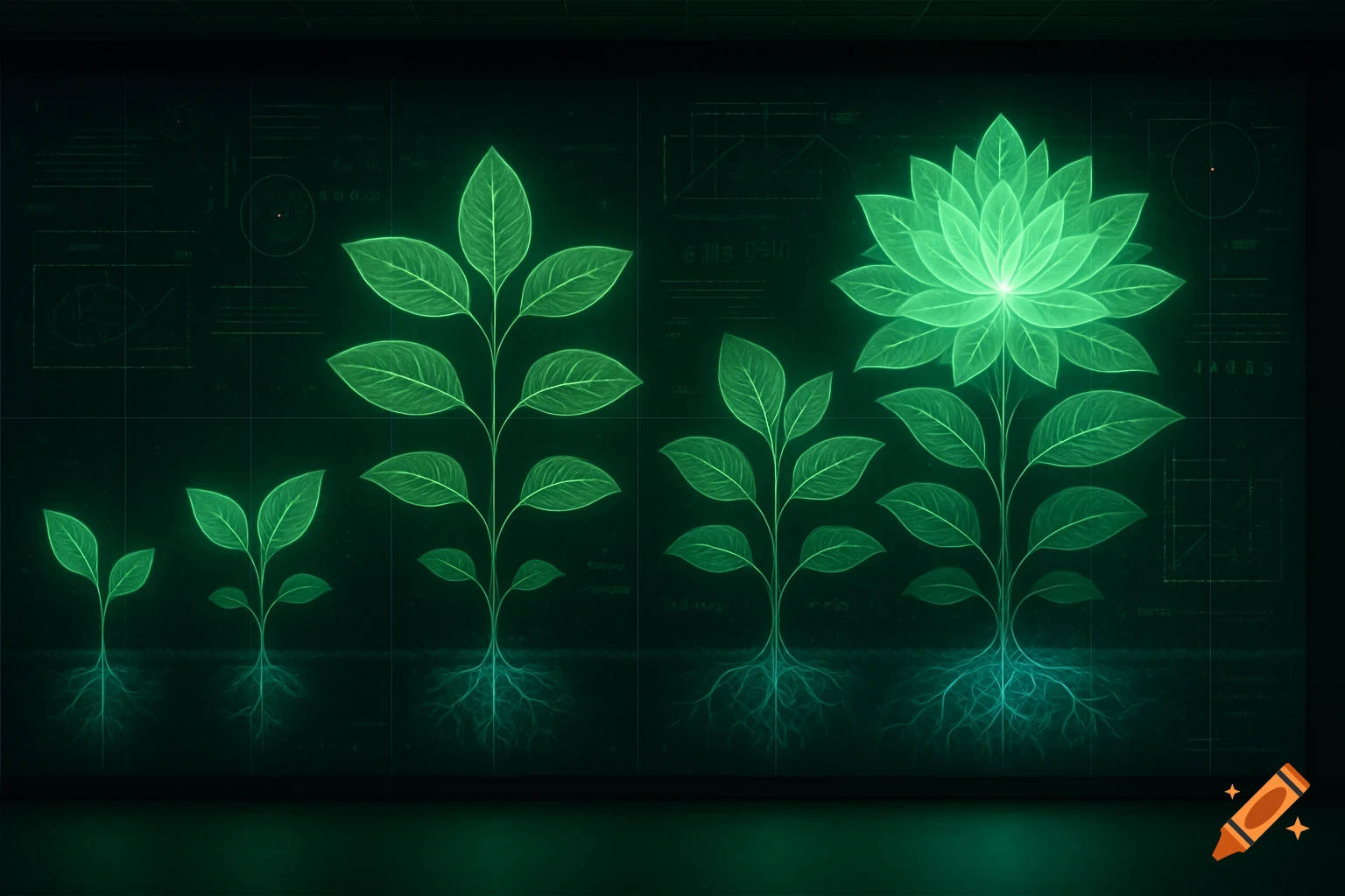 Digital art showing four stages of a glowing green plant's growth with roots, against a dark background with scientific diagrams.