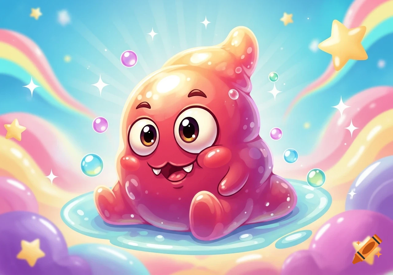 A happy, red, cartoon jelly creature with big eyes sits in a puddle amidst colorful bubbles, stars, and rainbow swirls.
