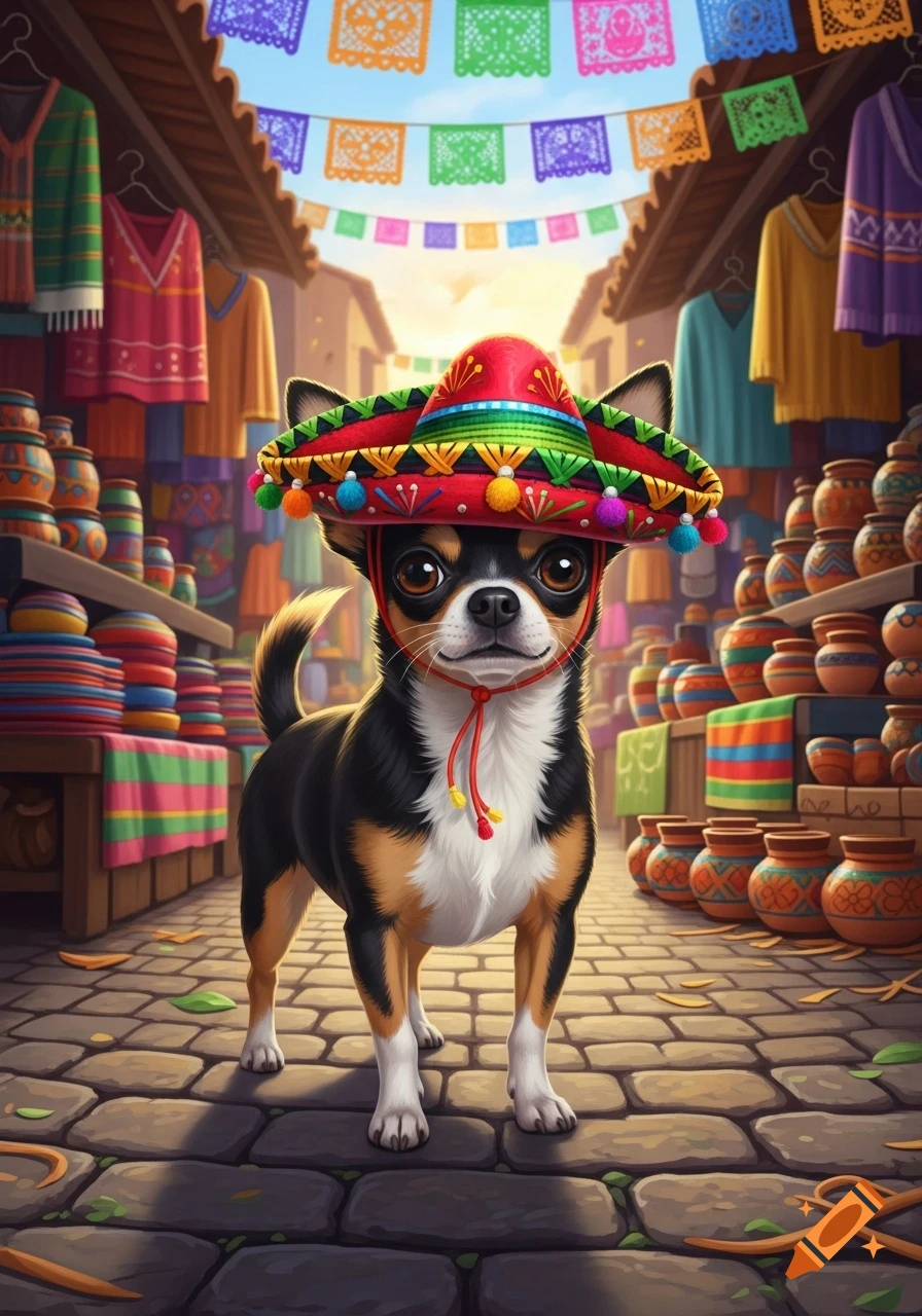A cute Chihuahua wearing a large, colorful sombrero stands in a vibrant outdoor market decorated with flags and pottery.