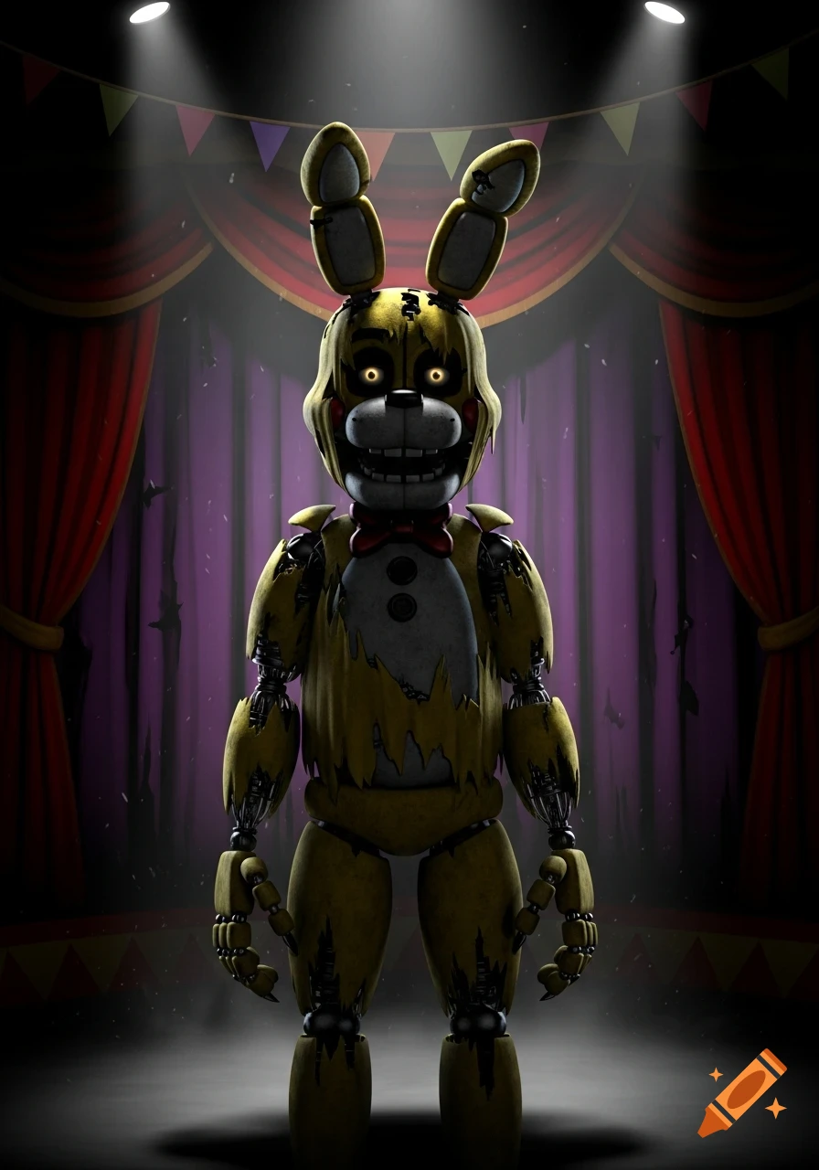 A full-body image of Springbonnie, a decayed yellow animatronic bunny with glowing eyes, standing on a dark stage with red curtains.