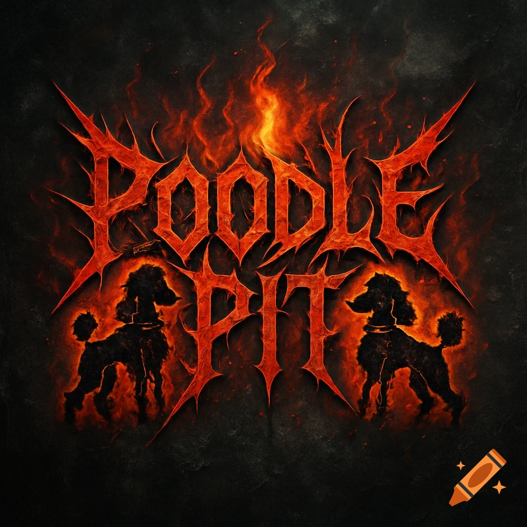 A fiery, spiky red metal band logo for POODLE PIT featuring two black poodle silhouettes surrounded by flames on a dark, textured background.