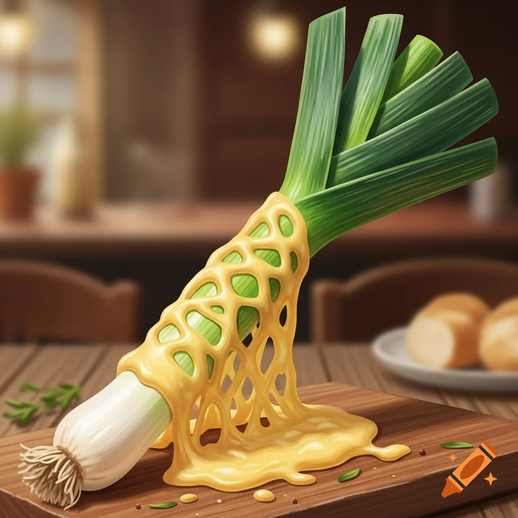 A vibrant leek covered in a melted yellow cheese lattice, resting on a wooden cutting board.
