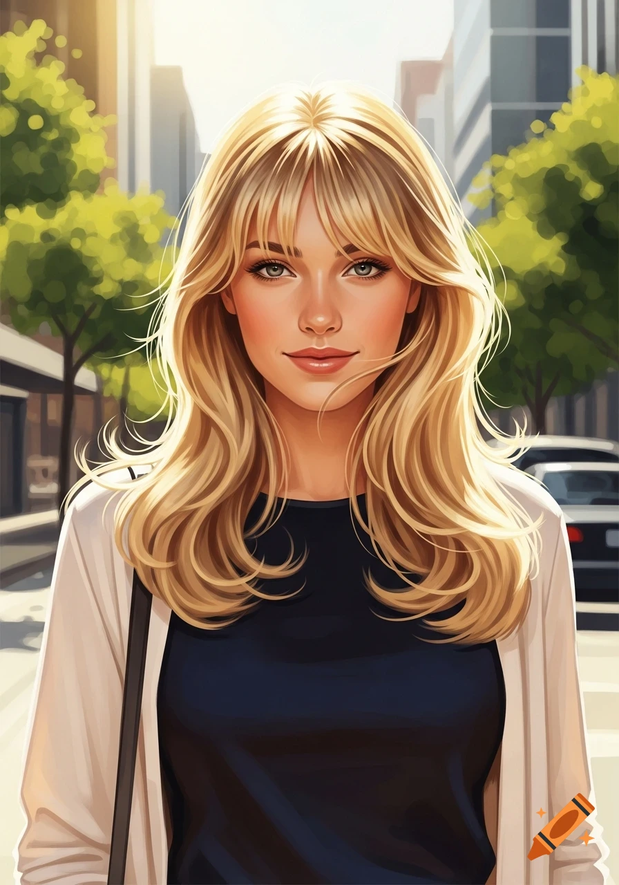 Smiling blonde woman with bangs in a dark top and white cardigan, standing on a sunny city street. Digital art.