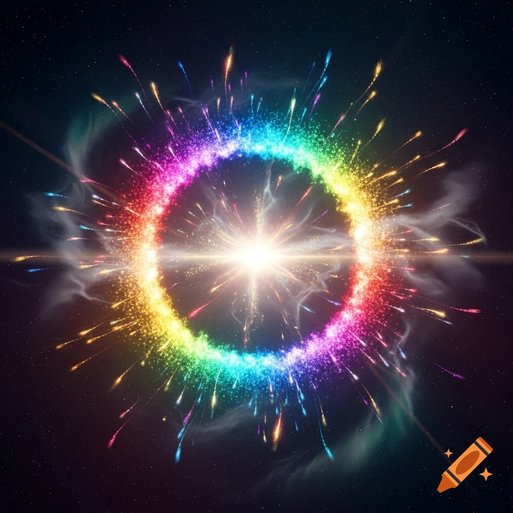 A bright, star-like light is at the center of a vibrant, rainbow-colored ring of particles, resembling a festive photon ring in space.