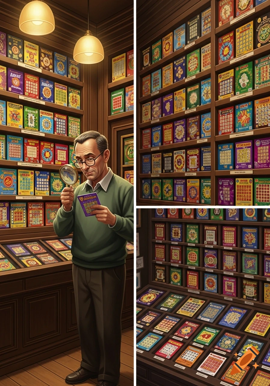 An older man with glasses examines a purple scratch card with a magnifying glass in a room full of shelves and displays of colorful scratch cards.