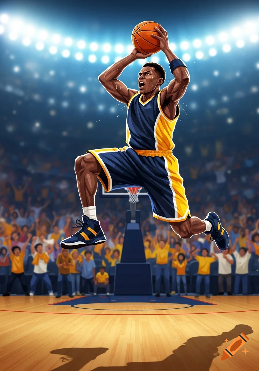 Stylized illustration of an athletic basketball player in a blue and yellow uniform mid-air, about to dunk in a brightly lit arena.