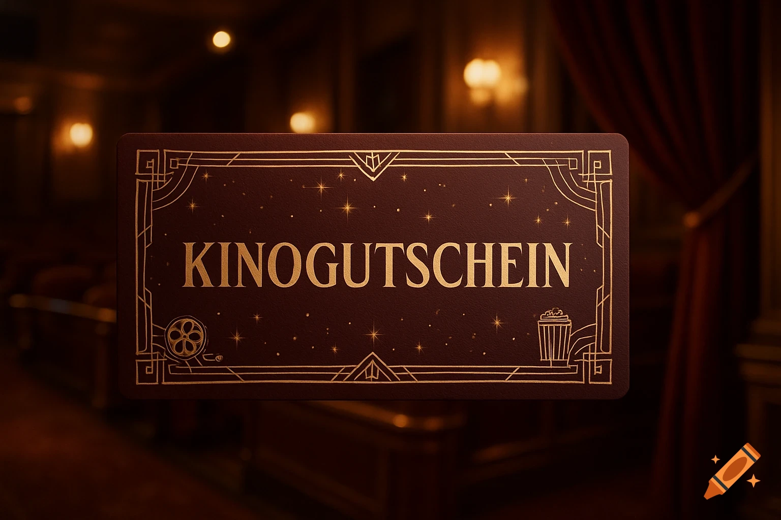 A brown cinema gift card with gold Art Deco designs and 'KINOGUTSCHEIN' text, in a dimly lit cinema.