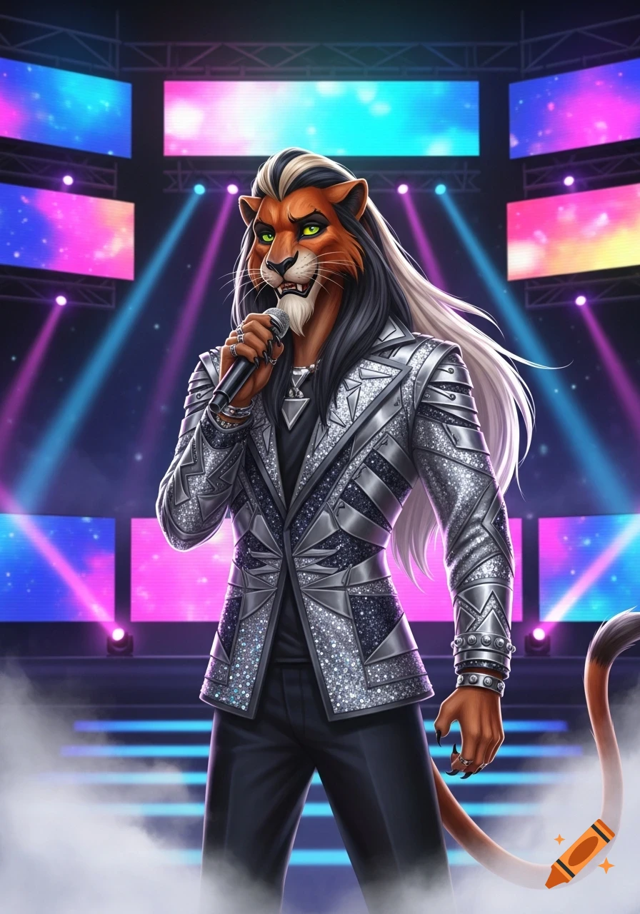Scar from The Lion King as a K-Pop idol in a sparkly silver suit, singing into a microphone on a vibrant stage with colorful lights.