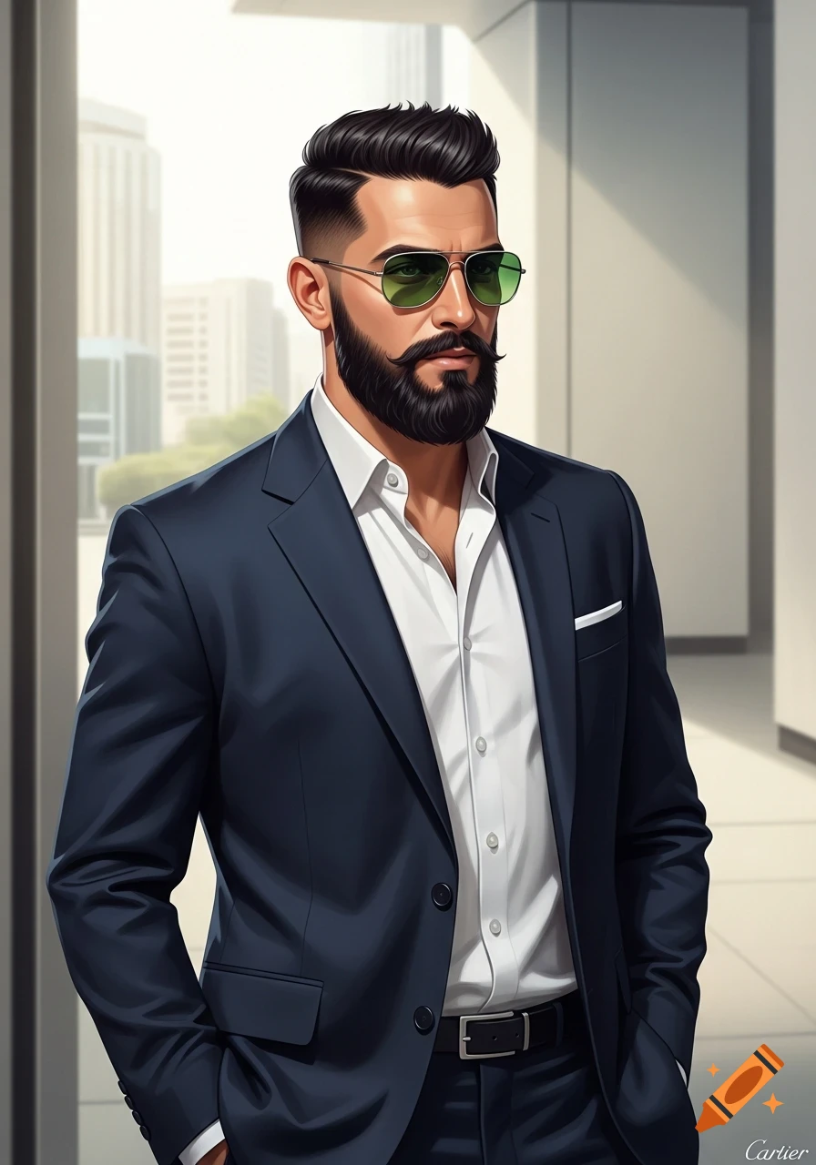A stylized portrait of a man with a dark beard and green-tinted aviator sunglasses, wearing a navy suit and white shirt, standing in a bright modern office.