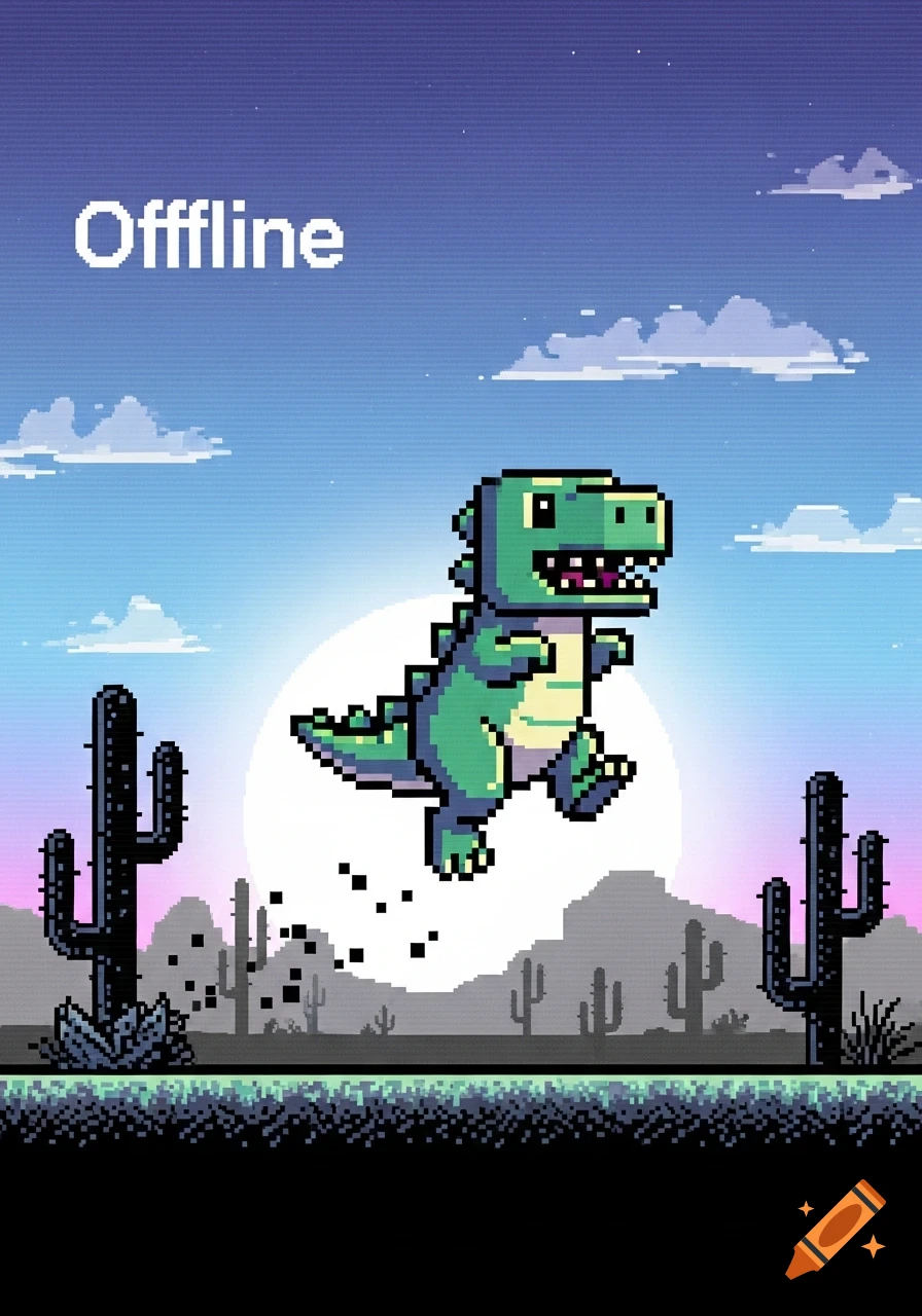 Pixelated green dinosaur jumping in a desert with cacti under a colorful sky, with the text "Offfline" in the top left corner.